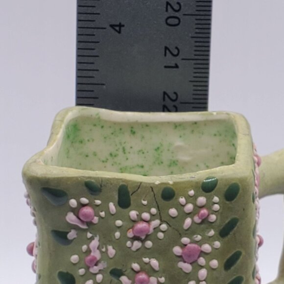 EHL 1960 Art Pottery Vase Planter Ceramic Vessel w/ Handle Green Floral Design - Picture 11 of 15